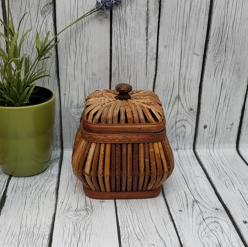 Vintage Wood Rattan Canister Container With Lid